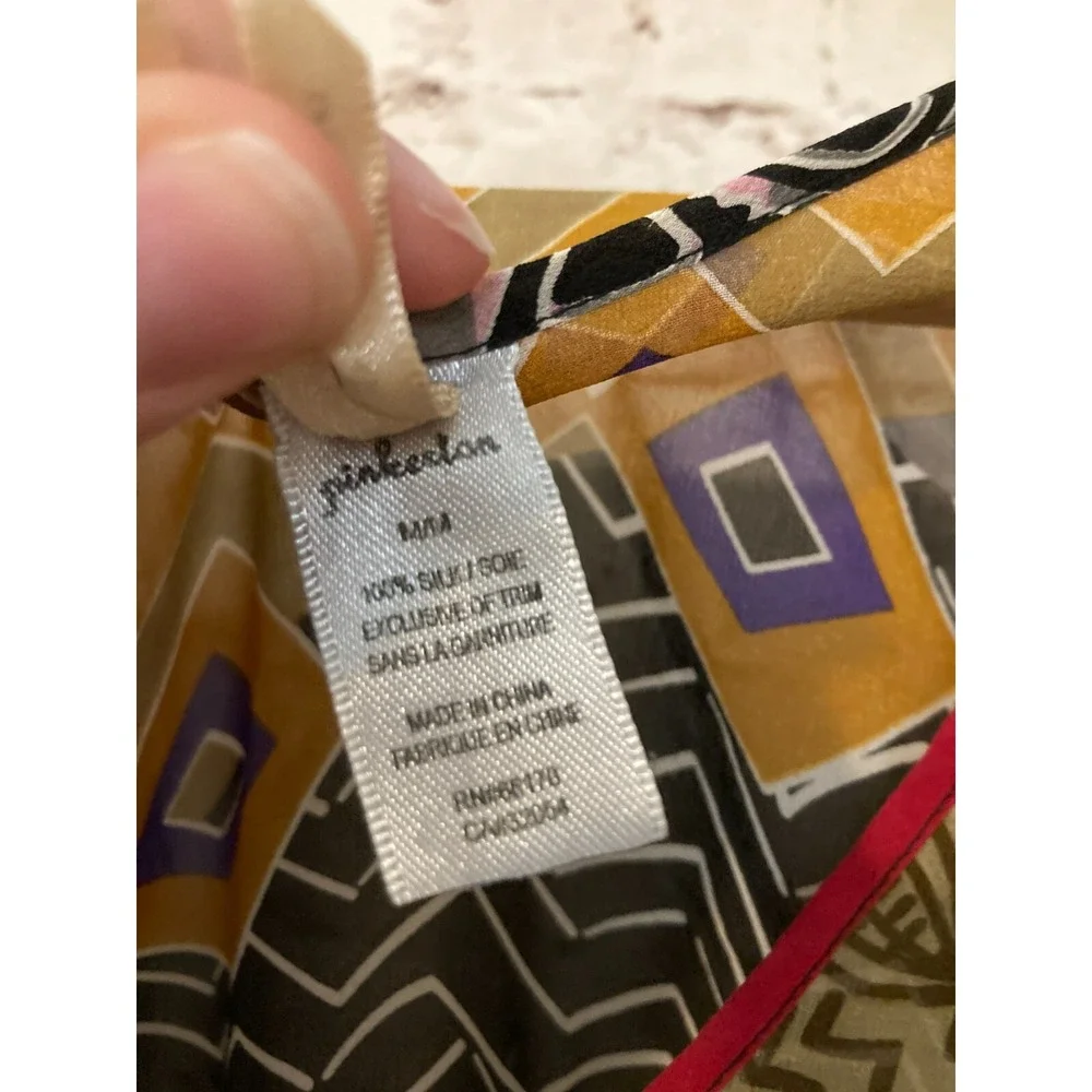 Pinkerton Dress Womens Medium Silk Ruffle Retro Geometric Lightweight Semi Sheer - Picture 14 of 14
